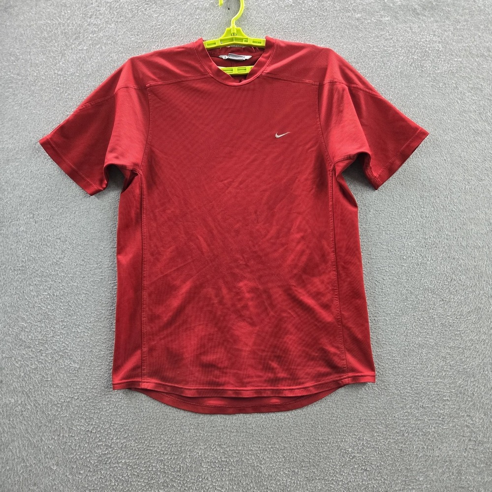 VINTAGE Nike Men Shirt L Red Logo Mini Swoosh Embroidered Activewear Y2K READ
